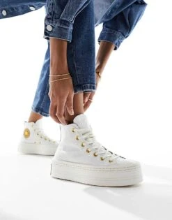 Converse Modern Lift Hi Twill Trainers With Gold Details In Cream For Women -Converse Shop 205449432 1 cream 1