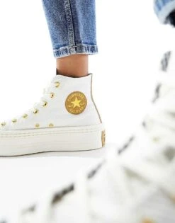 Converse Modern Lift Hi Twill Trainers With Gold Details In Cream For Women -Converse Shop 205449432 3
