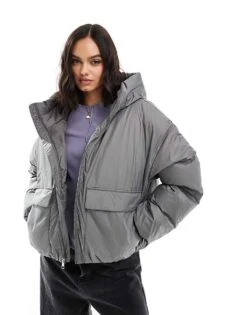 Converse Short Puffer Jacket In Grey For Women Light Grey