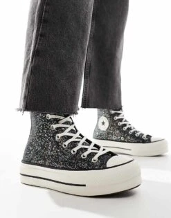 Converse Chuck Taylor All Star Hi Lift Trainers In Black Glitter For Women