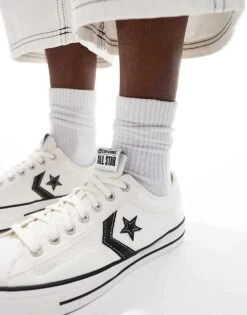 Converse Star Player 76 Ox Premium Canvas Trainers In White With Black Detail For Unisex -Converse Shop 206972969 3