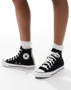 Converse Chuck Taylor All Star Hi Trainers In Black With Leopard Trim For Women